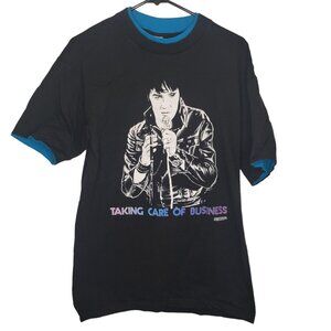 1987 Elvis Presley Taking Care Of Business Large T Shirt Blue Trim Double Collar